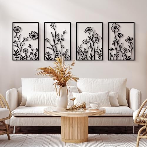 Sokurdeg Black Metal Flowers Wall Decor, Minimalist Floral Wall Hanging Art, Black Abstract Line Wall Art Sculptures for Bedroom Bathroom Living Room (4 Pcs, 12 x 17 in) - color: Black, size: 12 x 17 in