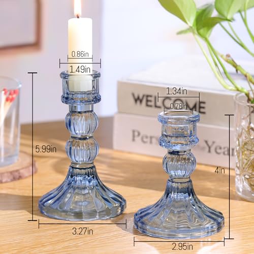 DARJEN 6Pcs Blue Candlestick Holders Set - 4" H & 5" H Striped Taper Candle Holders Bulk, Glass Candle Holders for Wedding, Festival, Party, Table Centerpiece, Gifts - color: Blue, size: Striped Pattern