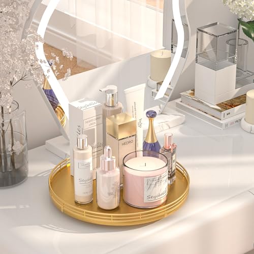 13" Gold Lazy Susan for Table Top, Oak Wood Lazy Susan Turntable Organizer for Dining Coffee Table Centerpiece Bar Decor Kitchen Countertop Bathroom Vanity Decorative Tray for Perfume Jewelry Round - color: Golden, size: 13