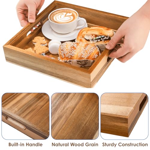 YOUEON Set of 2 Acacia Wood Serving Tray with Handles, 10x10x2 Inch Decorative Serving Trays for Food, Ottoman Tray, Square Coffee Table Trays for Dinner, Coffee, Wine, Appetizer