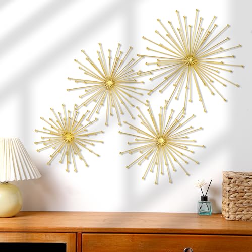 Shimeyao 4 Pcs Metal Starburst Wall Decor Gold Metal Wall Art 3D Spike with Orb Finish Star Burst Hangings Accents Sculptures Set Modern Mid-Century Decorations for Living Room Bedroom Entryway - color: Gold, style: Spike with Orb
