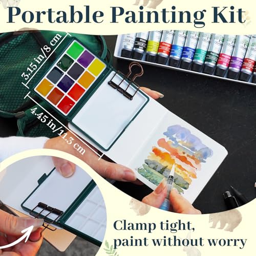 Funto Mini Watercolor Travel Set, 12-Color Refillable Travel Art Kit, All-in-One Mini Paint Supplies with Bag, Art Craft for All, Portable Water Color Paint for Beginners, lovers and Artists - color: Green