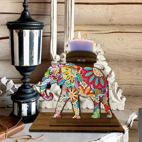 BAYUNOE DIY Candlestick Holders Wooden Desktop Diamond Art Painting Candle Holder Double-Sided Diamond Vintage Modern Decorative for Table Mantel Wedding Dinning Party-Gorgeous Elephant - color: Gorgeous Elephant