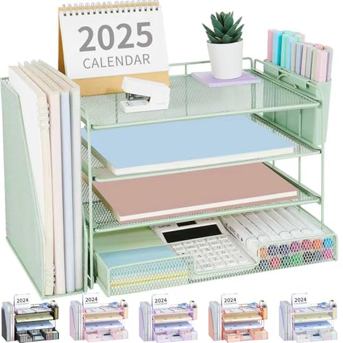 OPNICE Desk Organizer, 4-Tier Desktop File Organizer with Drawer and 2 Pen Holders, Office Desk Accessories, File Sorters, Workspace Organizers for Office Supplies(Green) - color: Green, size: 4-Tier