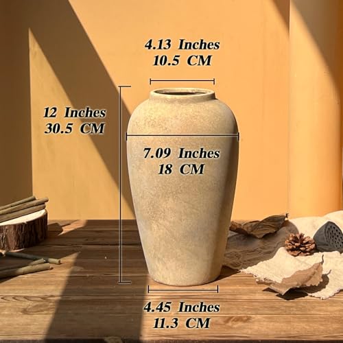 12 Inch Farmhouse Decor Ceramic Rustic Vase,Beige Handmade Flower Vases for Centerpieces,Pottery Vase for Living Room,Kitchen & Bedroom Decor,Vintage Ceramic Vases for Wedding - color: Beige, size: Small