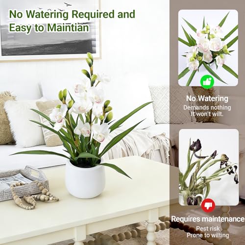 Artificial Orchid Flowers Fake Cymbidium Plant in Pot, 19" Tall Faux Orchids for Home Decor Indoor, Lifelike Silk Flowers for Centerpieces Office Arrangement-White