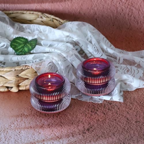 Woho Ribbed Votive Candle Holders Set of 6 for Wedding Decor, Vintage Tealight Candle Holder for Halloween/Thanksgiving, Glass Tea Lights Candle Holder for Dinner Table (Purple, 2.1" H X 2.75" D) - color: Purple