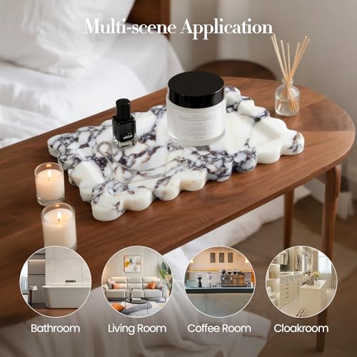 SAMAH Calacatta Viola Natural Marble Tray, Scalloped Bathroom Tray, Decorative Tray for Vanity, Dresser, Kitchen & Home Decor, Birthday Gifts for Women Mom, House Warming Gifts New Home(Rectangle) - size: 11" x 7.2" x 0.7"