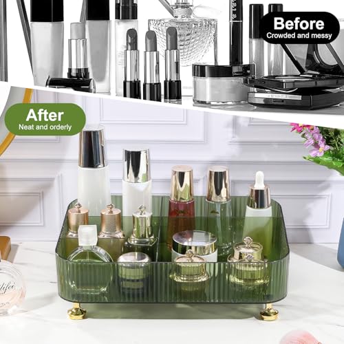 DASITON Makeup Organizer Countertop for Vanity, 5 Slots Makeup Brush Holder Organizer, Vintage Makeup Perfume Tray Cosmetic and Skincare Organizers for Bedroom Bathroom Counter, Desk Storage (Green) - color: Green