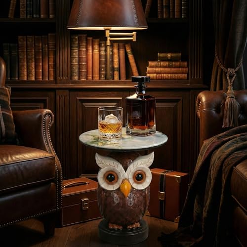 Owl Side Table - End Table with Faux Marble Top Unique Owl Statue Decor for Living Room Bedroom Entryway Elegant Animal Sculpture Modern Classical Decoration, Realistic - color: Owl Base