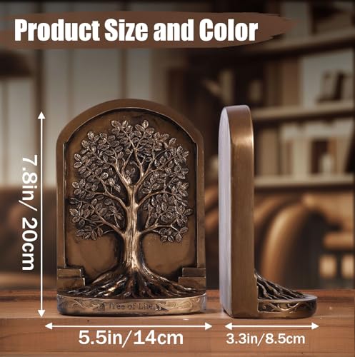 Large Vintage Bronze Finish Tree of Life Bookends Set, 2 Non-Skid Heavy Bookends for Shelves or Bookcase, Decorative Bookends for Desktop Shelf Decor, Library Office Decor, Home Décor Gift - color: Antique Bronze, size: Large