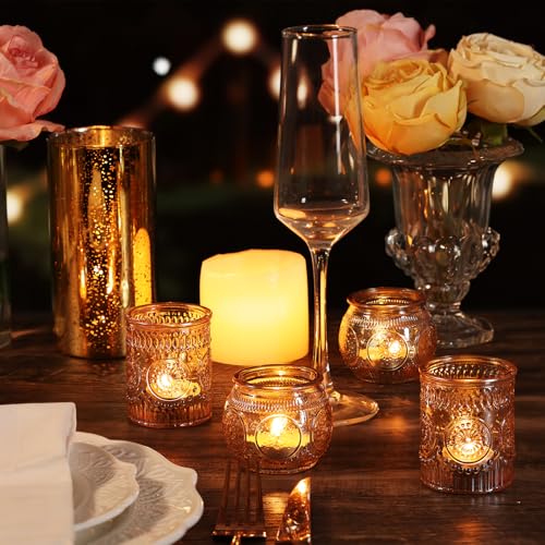 30 Pcs Assorted Gold Votive Candle Holders for Wedding Table Centerpieces, Glass Tea Lights Candle Holder for Diwali Decorations, Wedding Decorations, Vintage Boho Home Tea Party Decor, - color: Gold