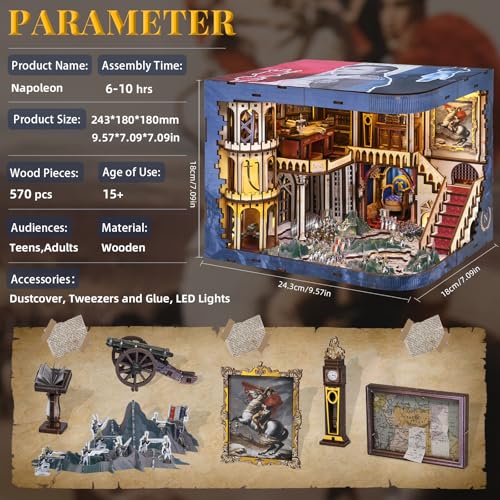 MiniCity Magic Booknook Building Set with LED Light, Mini Bookend Building Kit for Bookshelf & Home Decor, DIY Miniature Book Nook Building Model for Kids Adults Teens (Napoléon) - style: Napoléon