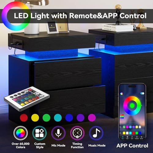 LIKIMIO Night Stand with Charging Station, Modern Black Nightstand with LED Light and Drawers, Bedside Tables/End Table for Bedroom - color: Black