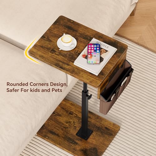 Vagusicc Sofa Armrest Tray Table for Couch - 360° Swivel Height Adjustable Side Table for Small Spaces, Snack Side Table for Bed or Chair, C Shaped End Table Snack Table for Eating Dinner Laptop - color: Rustic Brown, style: With Plug+Storage Bag