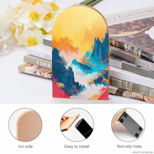 Colorful Mountains Wooden Bookends Shelves 2 PCS Pavilions Trees with Chinese Craftsmanship Minimalist Sturdy Book Holders Desktop Organizer for Home Office Libraries - color: Color-3