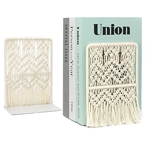 AELS Boho Macrame Bookends, Heavy Duty Metal Book Ends, Decorative Unique Bookend Supports for Shelves, Stopper for Books/Movies/CD, Farmhouse Decoration,Thanksgiving for Friends - color: Beige(geometric)