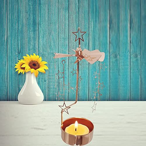 kingnero Rotary Candle Holder Spinning Candleholder Tea Light Candle Powered Carousel Small Gift (Rose Gold Star)