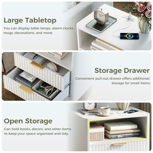 IRONCK Fluted Night Stand Set of 2, Modern Nightstand with Charging Station, Drawers and Open Shelves - Bedside Table Wood Side Table Set for Bedroom, White - color: White