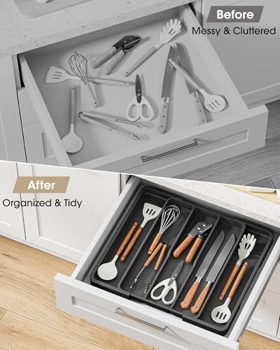 Aujen Silverware Organizer - Expandable Kitchen Drawer Organizer, Adjustable Utensil Organizer, Cutlery Tray for Forks, Knives, Multipurpose Kitchen Organizers and Storage Solution, Black, X-Large - color: Black, size: X-Large