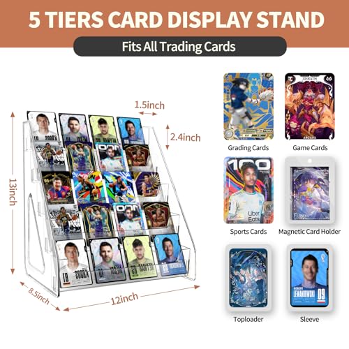 5 & 7 Tier Trading Card Display Stand, 12" Clear Acrylic Card Stands for Display, versatile Card Stands for Sports Cards, Graded & Greeting Cards, Postcards, Vendor Stickers, with Snap-On Assembly (Tall 5 Tier) - size: Tall 5-Tier
