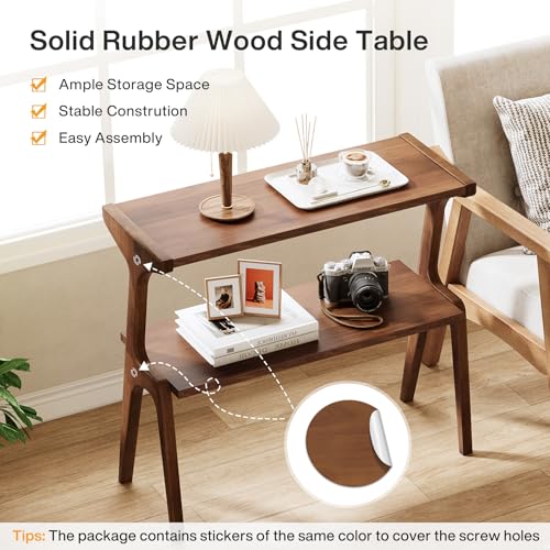 Tribesigns Solid Wood End Table, Rustic Side Table for Couch, 2-Tie Farmhouse Tall End Table, Narrow Bedside Table for Bedroom, Living Room, Easy Assembly, Rustic Brown - color: Rustic Brown