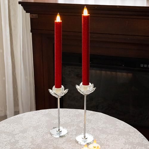 Flameless Taper Candles Flickering with Remote and Timer, 3D Moving Flame Taper Candle Battery Operated to 400 Hours, 9 Inch Window Candles, (Glittter Red) - color: Glittter Red