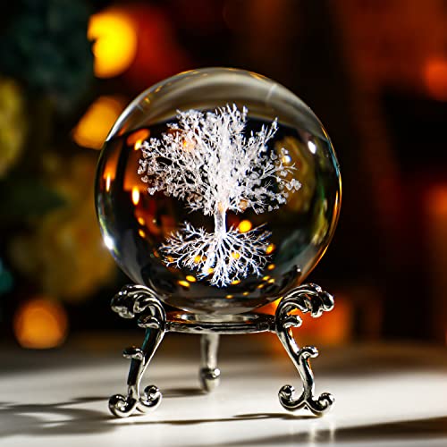 H&D HYALINE & DORA 60mm Tree of Life Crystal Ball with Stand Decorative Paperweight 3D Laser Engraved Glass Plant Life Tree Sphere Novelty Home Decor - color: 60mm Tree of Life