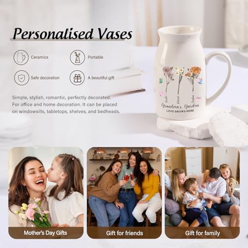 Personalized Flower Vase Small Ceramic Vase with Birth Month Flower Decorative Vases Home Decor Grandma's Garden Love Grows Here Mother's Day Birthday Gift for Mom, Wife, Grandma, Mama, Nana - color: Style 01