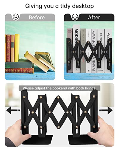 Honagu Adjustable Bookends, Metal Book Ends for Shelves Heavy Book, Desk Magazine File Organizer for Home, Office, Books, Papers, Extends up to 19 inches, for Students,Teachers (Black) - color: Black