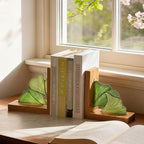 Maitys Ginkgo Leaf Bookends with Oak Wood Base Stained Glass Novelty Bookends Organizer Cute Book Ends for Shelves Desks Libraries Book Lover Gift (Green)