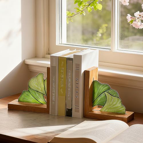 Maitys Ginkgo Leaf Bookends with Oak Wood Base Stained Glass Novelty Bookends Organizer Cute Book Ends for Shelves Desks Libraries Book Lover Gift (Green)