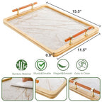 DEAYOU Bamboo Serving Tray with Handles, Marble Pattern Plastic Decorative Ottoman Tray, Large Serving Platter for Coffee Table, Breakfast, Dinner, Perfume, Kitchen Counter, Rectangle, 15.5"x11.5"