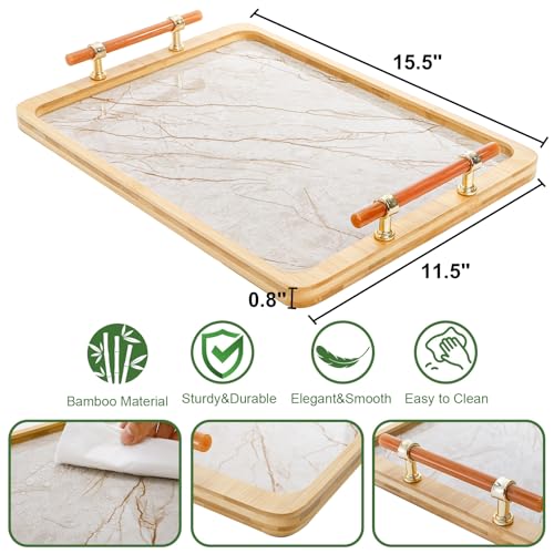 DEAYOU Bamboo Serving Tray with Handles, Marble Pattern Plastic Decorative Ottoman Tray, Large Serving Platter for Coffee Table, Breakfast, Dinner, Perfume, Kitchen Counter, Rectangle, 15.5"x11.5"