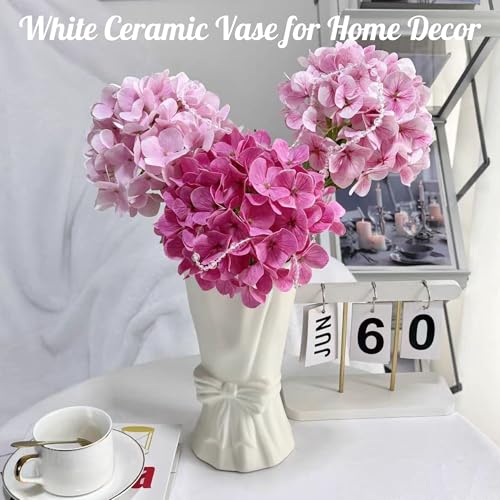 White Flower Vase for Home Decor, White Ceramic Vases for Boho Style, Bow Decor, 9.3 Inch Flower Vases for Bouquet, Large Vase for Ideal Shelf Decor/Table. (Large) - color: Pure White