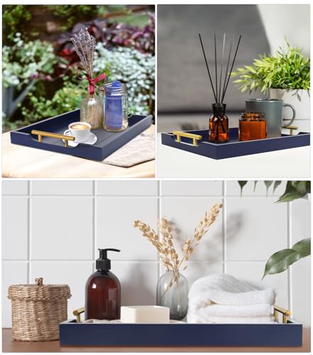 SXNOWS Coffee Table Tray - Large Ottoman Tray for Living Room - Wood Serving Tray with 2 Sets of Handles - Wooden Trays for Coffee Tables, 4 Round Coasters Included, Deep Blue - color: Navy Blue