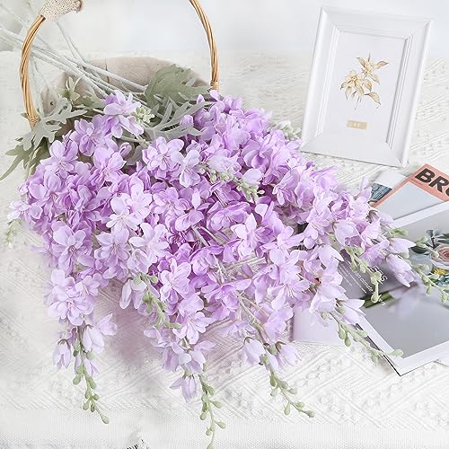 8PCS Purple Delphinium Artificial Flowers 33.5in Long Stem Larkspur Fake Silk Flowers for Tall Vase Faux Flowers for Home Wedding Baby Shower Floral Arrangement Centerpiece Table Decor (Purple) - color: Purple