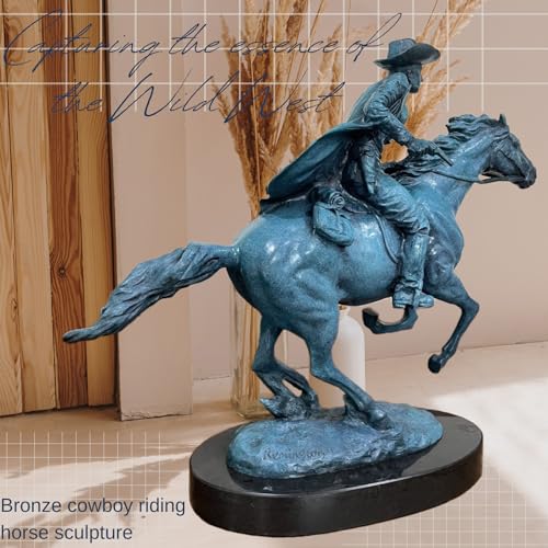 Famous Western Sculpture-Bronze Horse Statue Western Cowboy Horse Rodeo Rider with Marble Base Collectible Figurines Office Home Decor Art Bronze Sculptures - color: Blue-oval Base