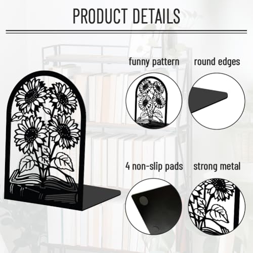 WADORN 1 Pair Sunflower Metal Decorative Bookend for Shelves, Heavy Duty Book Ends Modern Non-Skid Books Holder Stand Black Book Support Stoppers for Desk Bookshelf Office Home, 5.3x4.3x7.8 Inches - color: Sunflower