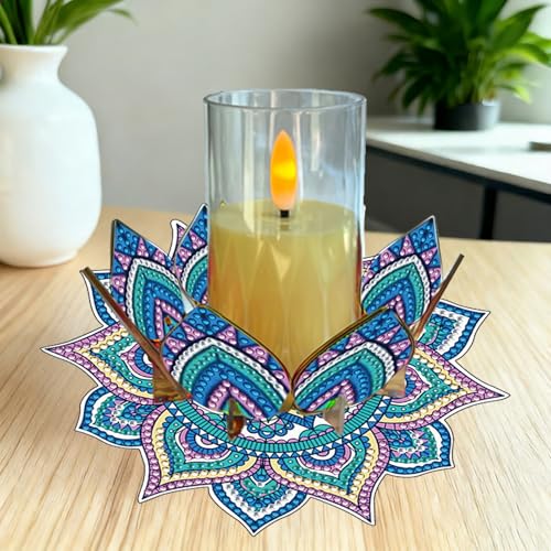 DIY Diamond Art Painting Candlestick Holders 5.71in Mandala Flower Shape Desk Candle Tray Tabletop Ornaments for Wedding Ramadan Party Home Table Centerpiece-Mandala05 - color: Mandala05
