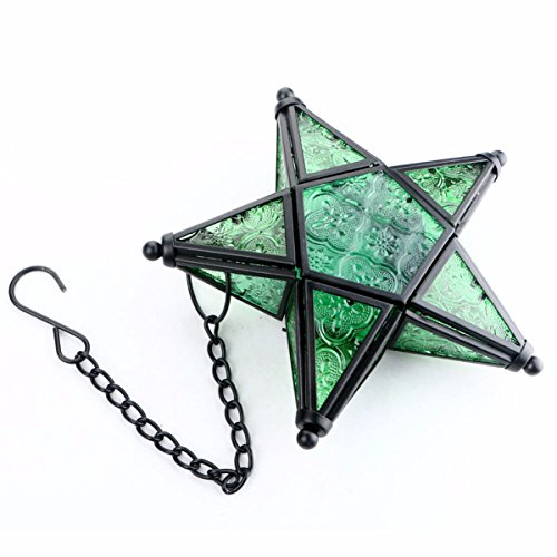 Morocco Metal Star Glass Lantern Wall Hanging Candle Holder for Decorative Wedding Party Home Decoration Birthday Party (Green) - color: Green