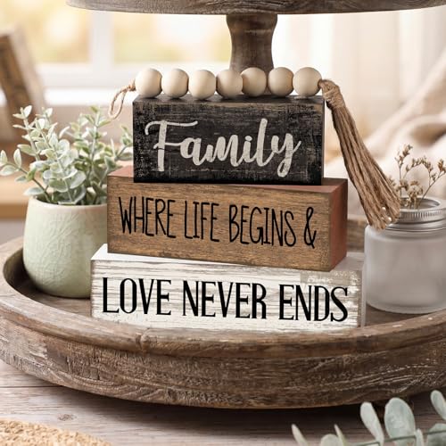 Yuntau 4 Pcs Farmhouse Family Tabletop Decor Tiered Tray Decor Rustic Wood Decorative Stacked Sign Block Gift Retro Bead Garland Family Where Life Begins Love Never Ends Table for Home Shelf Office - style: Famliy