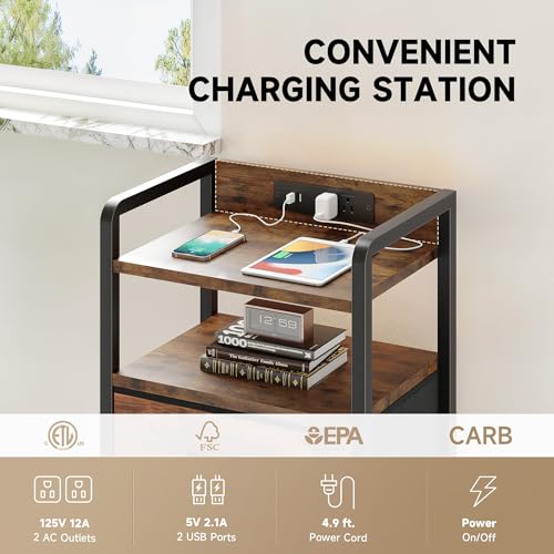Lazzanto Night Stand Bedside Table Bedroom - Nightstand with Charging Station, Night Stand with LED Light Strip, End Table with U-S-B Ports & AC Outlets, Storage Shelf & 2 Fabric Drawers, Rustic Brown - color: Rustic Brown, size: 2 Drawers