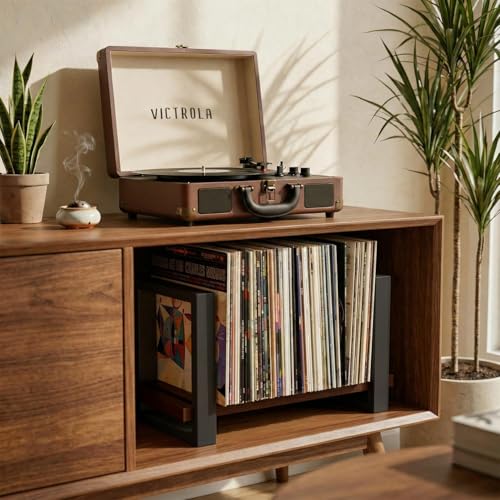 Adjustable Vinyl Record Storage Holder - Solid Wood Base Mid-Century Album Display Stand for 20-57 LPs - Retro Desktop Record Rack & Magazine Organizer - Aesthetic Gift for Audiophiles