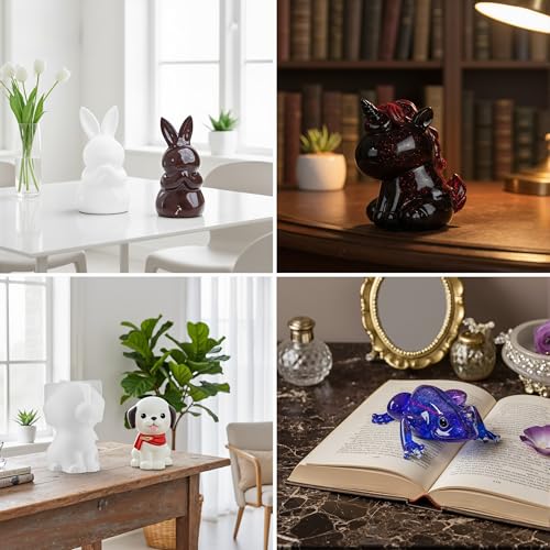 CUTEPLAN 21Pcs 3D Silicone Resin Casting Mold Kits - Includes 12 Animal Molds, 1 Measurement Cup & 10 Wood Sticks - for Figurines & Crafts DIY Projects