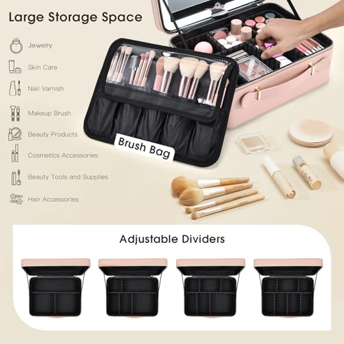 Faquenc Leather Makeup Case with LED Lighted Mirror 11.4 Inch Travel Makeup Bag Adjustable Brightness in 3 Colors Cosmetic Organizer Artist Storage Bag with Dividers Brush Holder Storage Vanity Pink - color: Pink 11.4 Inch, size: 2-Medium
