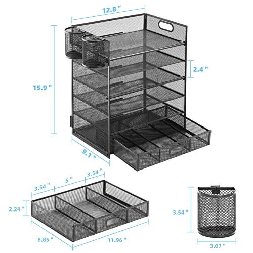 Lavatino 6-Tier Paper Organizer Letter Tray with Drawer - Mesh Desk File Paper Office Supplies Sorter Organizer for Office, Home or School File Folder Holder - Black - color: 6 Tier - Black