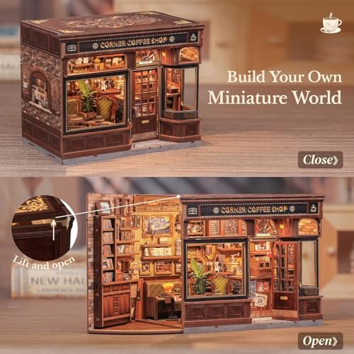Fsolis Book Nook Kit - DIY 3D Wooden Puzzles for Adults Coffee House with Cat Diorama Booknook Bookstore Mini House Building Kit Gifts for Women Readers Book Lovers (Corner Coffee Shop) - style: Corner Coffee Shop