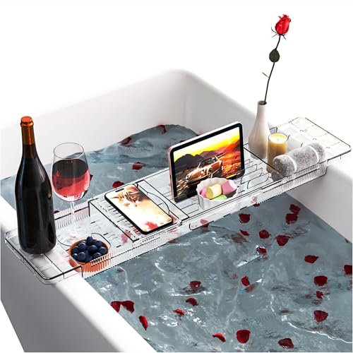 Yieach Luxury Tub Tray for Bathtub Expandable,Clear Bath Shelf Over Tub and Acrylic Bathtub Tray,Plastic Bath Board & Table,Bath Caddy Tray & Accessories for Mothers,Mom and Women Relaxing Spa Gifts - size: M - (22.3 to 31.8 in）