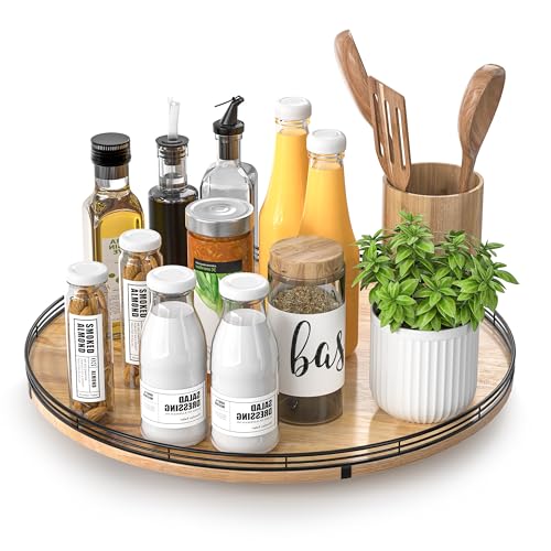16" Lazy Susan Oak Wood Turntable Organizer for Cabinet, Farmhouse Round Wooden Large Lazy Susan Organization and Storage for Dining Table, Pantry, Kitchen, Bathroom, Countertop, Cupboard, Home Decor - color: Brown & Black, size: 16 inches